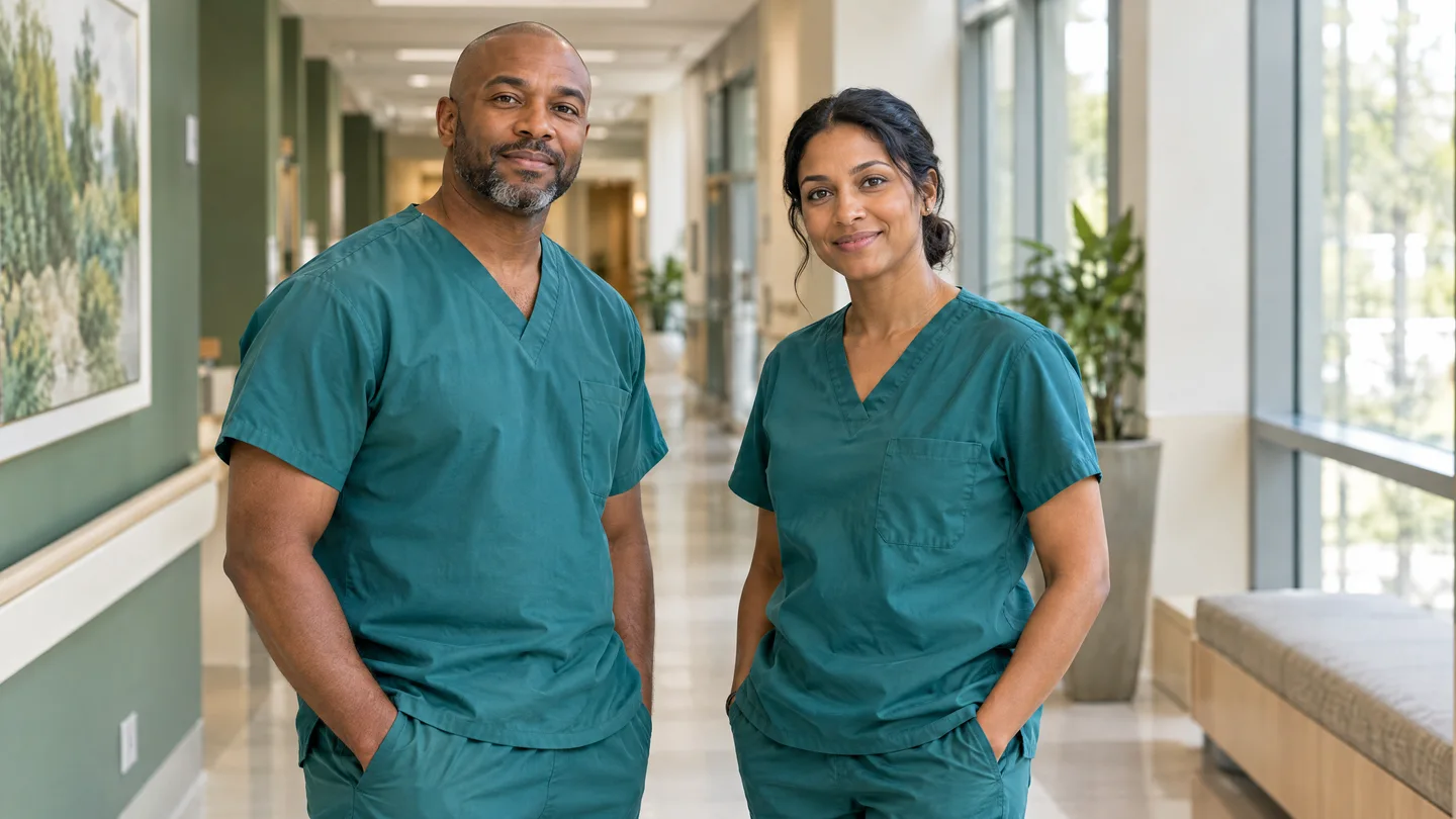 Illustrative physician colleagues in a hospital corridor