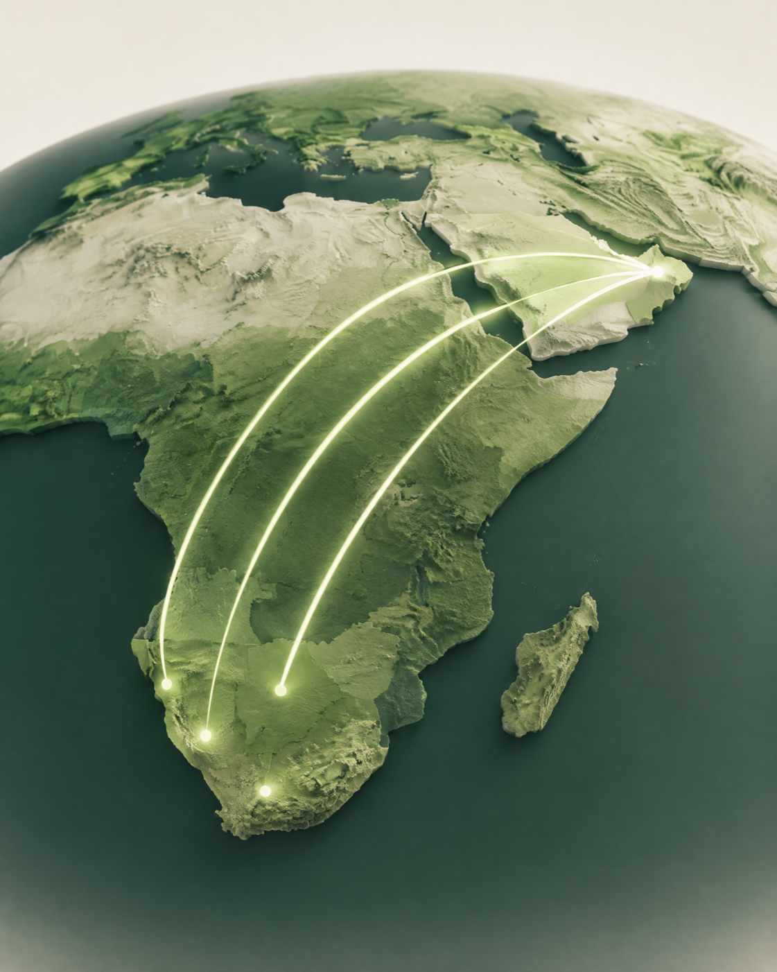 Editorial 3D relief map highlighting Namibia, Botswana and South Africa, with luminous connection arcs towards the United Arab Emirates.