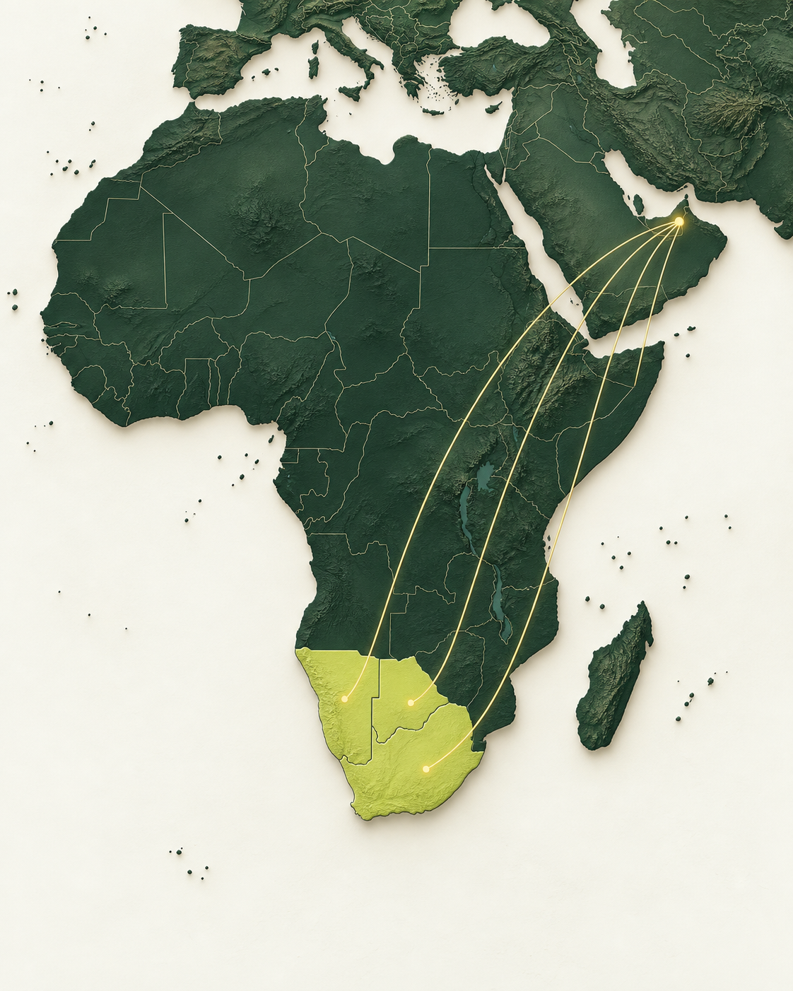 Editorial relief map highlighting Namibia, Botswana and South Africa, with connections towards the United Arab Emirates.